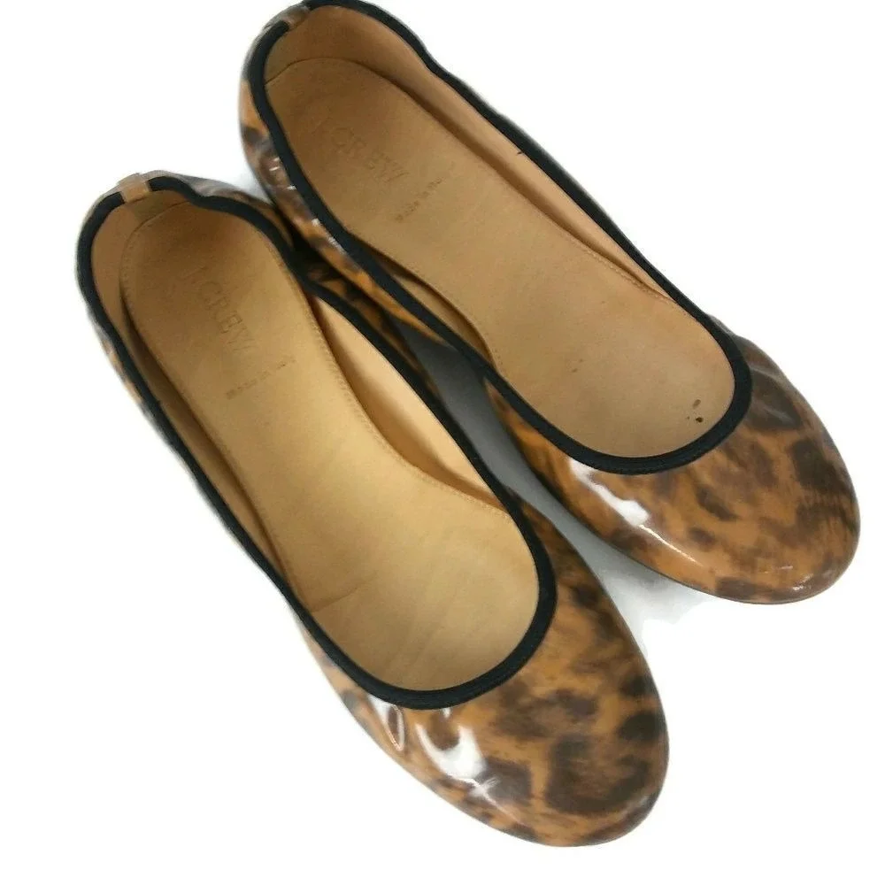 J.Crew Ballet Flats Sz 8.5 Leopard Print Patent Leather Shoes Slip‎ On Loafers